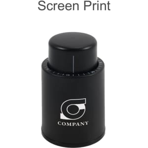 A black push button wine stopper with a scale, featuring a logo on the front.