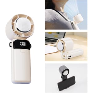 A portable cooling fan in cream and black colours, featuring a built-in phone stand and a digital display.