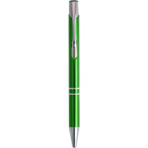 A green metal click pen with a polished chrome clip and trim. It features a sleek, modern design.