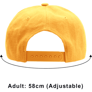 A yellow 6-panel trucker cap featuring an adjustable strap at the back and a logo on the crown.