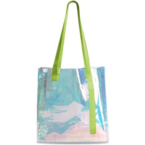 A PVC waterproof tote bag with a transparent and iridescent finish, featuring bright green straps.