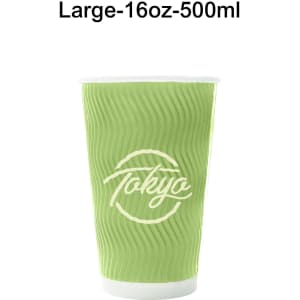 A large, green corrugated double wall paper cup with a white rim and a logo printed on the side.