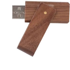 A wooden flash drive in a natural brown finish, with a sliding mechanism and a metallic connector. Features a logo.