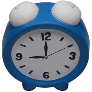 A blue alarm clock-shaped stress reliever with white clock face and black hour markers. Features a logo.