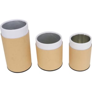Three small kraft paper cylinders with white lids and black bases, varying in height.