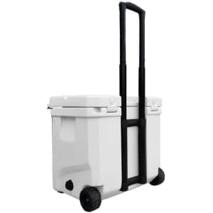A white cooler box with wheels and a retractable handle, featuring a black strap and wheels for mobility.
