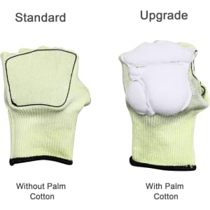 Two pairs of heavy-duty safety work gloves are displayed, one with a reinforced thumb web in yellow and white, the other in standard design.