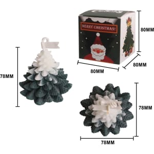 Christmas tree-shaped candles in dark green and white, packaged in a festive box featuring a holiday design.