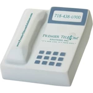 A telephone-shaped stress reliever in white and blue, featuring a textured keypad and a branding logo.