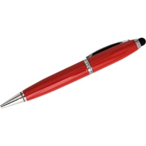 A red metal pen with a shiny silver tip and a black touch screen stylus on the top. It features a logo.