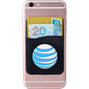 A black moulded smart wallet attached to a rose gold phone, holding a banknote and a card.