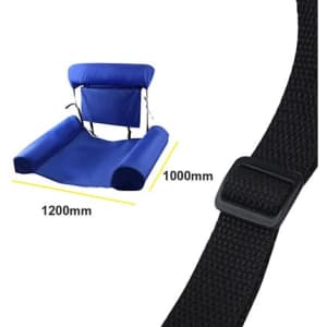 An inflatable floating chair in blue with adjustable straps, featuring dimensions of 1200mm by 1000mm.