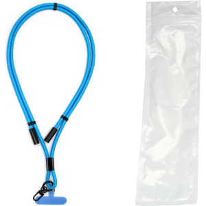 A blue charging phone lanyard with a clip and packaging. It features a simple design suitable for carrying devices.