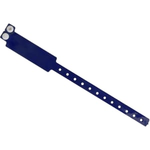A blue disposable reflective PVC wristband featuring holes for adjustment and a logo on one end.