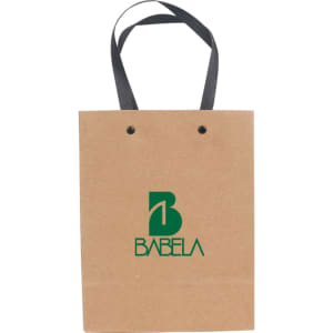 A small vertical brown paper bag with a knitted black handle and a logo printed on the front.