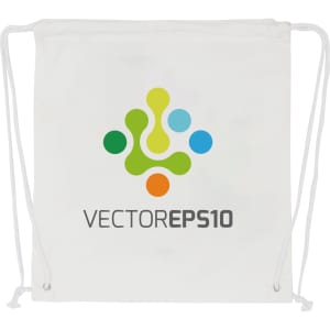 A white drawstring cotton bag featuring a multicoloured logo and two cotton drawstrings.