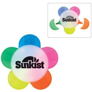 A flower-shaped highlighter featuring pink, orange, green, blue, and yellow sections, with a logo on the centre.