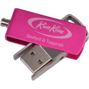 A pink Puller Swivel Flash Drive with a silver keyring attachment and a logo printed on it.
