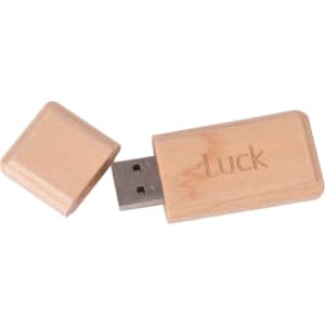 A wooden flash drive in natural colour with a removable cap, featuring a logo on its surface.