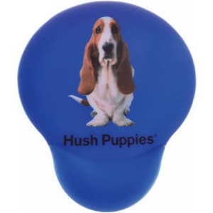A blue mouse mat featuring a basset hound design and a logo at the bottom.