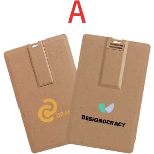 A wheat straw credit card flash drive in a neutral beige colour, featuring two different logos on either side.