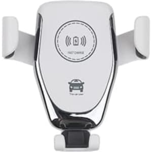 A wireless car charger in sleek white and chrome, featuring a logo and fast charging symbol.