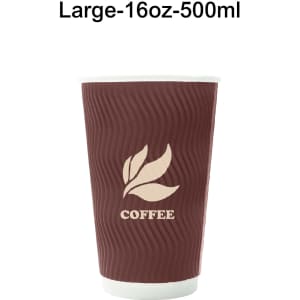A large, 16oz, brown corrugated paper cup with a white interior, featuring a leaf design and branding.