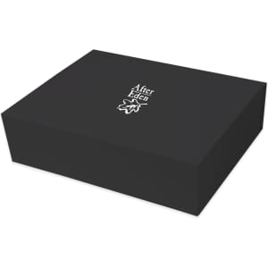 A black foldable magnetic box with a logo on the top surface, designed for packaging.