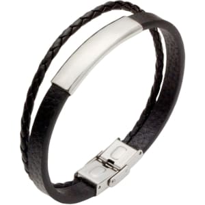 A double-layer leather bracelet in black with a braided design and a sleek silver clasp.