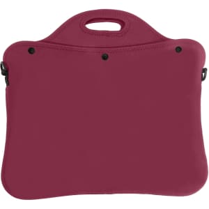 A maroon laptop bag with a handle, featuring a sleek design and black accents.