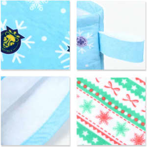 A light blue Christmas stocking featuring snowflakes, decorative patterns in green and red, and a logo.