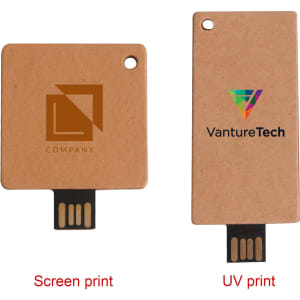 A small eco-friendly flash drive in a brown cardboard casing, featuring logos on each side.