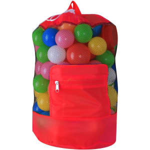 A red foldable mesh drawstring backpack filled with colourful plastic balls, featuring a front pocket.
