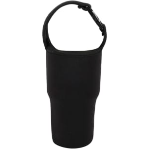 A drink bottle pouch in black, featuring a handle and a fitted design for carrying tumblers.