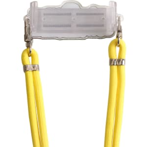 An adjustable phone lanyard in bright yellow with a transparent back clip and silver metal attachments.