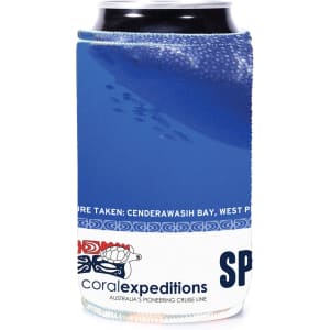 A drink can holder in blue with a branded logo, featuring a marine design.