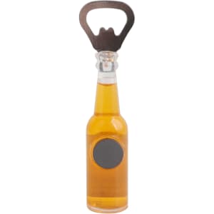A bottle-shaped opener in silver and amber with a fridge magnet at the base. It features a circular logo area.