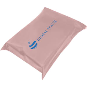 A pink self-sealing plastic mailing bag with a logo on the surface.