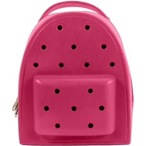 A pink EVA holes backpack with a textured front and multiple holes for ventilation features a small front pocket and a top handle.