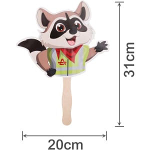 A custom-shaped paper hand fan featuring a cartoon raccoon in a safety vest, with a wooden handle.