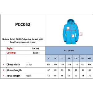 A blue unisex adult jacket made of 100% polyester, featuring sun protection and a hood, with a size chart included.