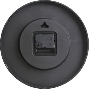 A round black wall clock with a simple design, featuring a back panel with a mounted battery compartment and a hanging hook.
