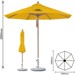 A yellow wind-resistant octagon outdoor umbrella with a wooden pole and a matching cover on a stand.