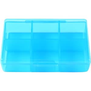 A blue, six-compartment pill box featuring a transparent design and a secure lid.