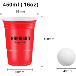 A red plastic cup with a logo, accompanied by a white ping pong ball, featuring dimensions provided.