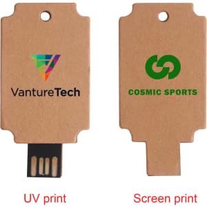 A promotional eco-friendly flash drive in brown, featuring logos on both sides and a USB connector.