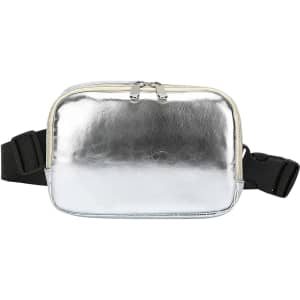 A silver polyurethane fanny pack with a cream zip and adjustable black strap, featuring a logo.