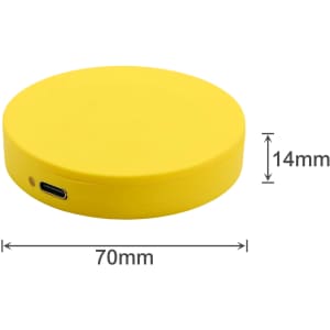 A yellow, circular wireless charger with a USB-C port, measuring 70mm in diameter and 14mm in height.