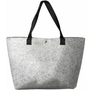 A grey felt shopping bag with black handles, featuring a logo on the side.