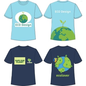 A light blue unisex T-shirt with eco-themed designs on the front and back, featuring a dark blue T-shirt with similar graphics.